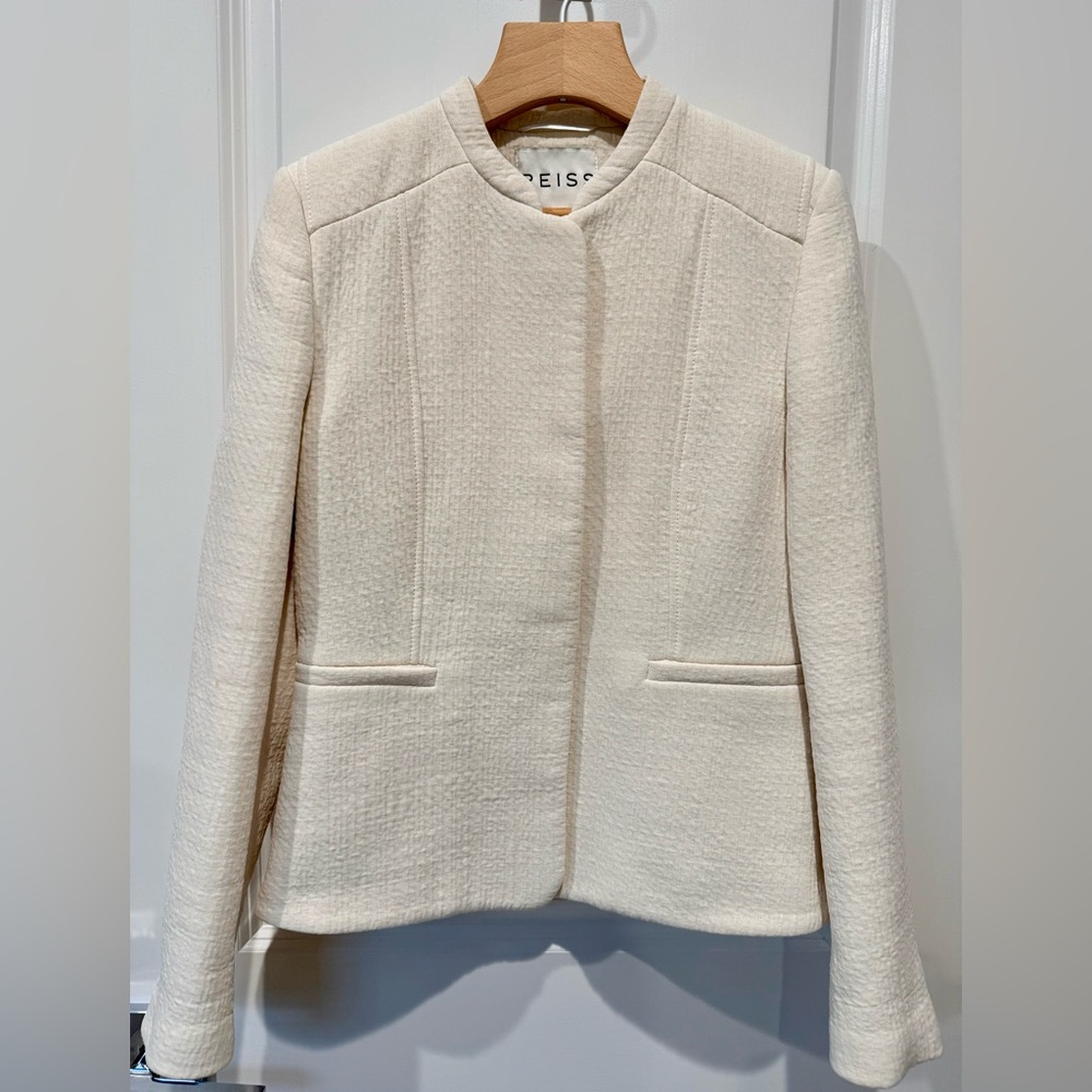 REISS Collarless Jacket In White (Cotton Blend) Hidden Button Small -Dry Cleaned